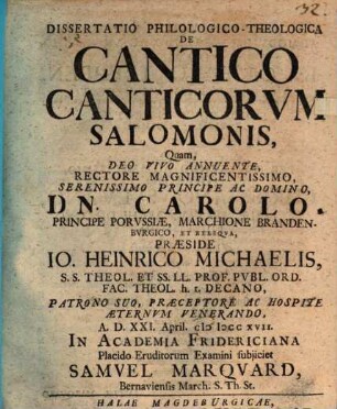 Dissertatio Philologico-Theologica De Cantico Canticorvm Salomonis