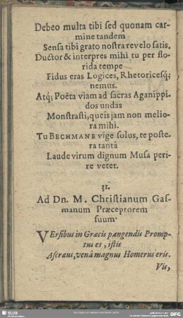 31. Ad Dn. M. Christianum Gasmanum Praeceptorem suum