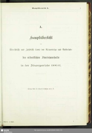 A. Hauptübersicht der Überschüsse und Zuschüsse sowie der Reinerträge und Aufwände des ordentlichen Staatshaushalts auf die Finanzperiode 1906/07