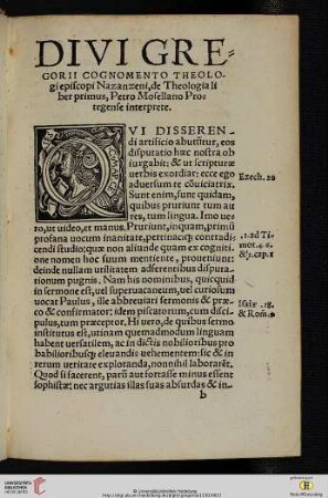 Divi Gregorii cognomento theologi episcopi Nazanzeni, de Theologia liber primus, Petro Mosellano Protegense interprete