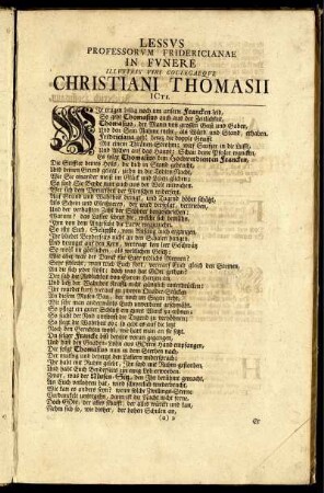 Lessus Prefessorum Fridericianae In Funere Ilustris Viri Collegaeque Christiani Thomasii Icti.
