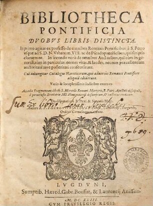 Bibliotheca Pontificia Dvobvs Libris Distincta