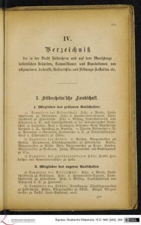 IV. Verzeichniß der in der Stadt Hildesheim und auf dem Moritzberge befindlichen Behörden, Commissionen und Deputationen von allgemeinem Interesse, Unterrichts- und Bildungs-Anstalten etc.