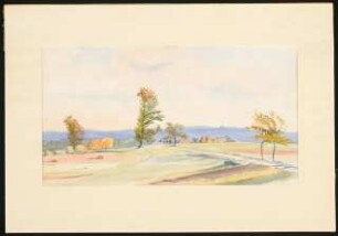 Skizze: Landschaft mit Feldern und Dorf im Hintergrund