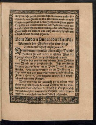 Vom Andern Punct oder Artickel/ Warumb der Christen rhu oder selige Todt einem Schlaff verglichen wird.