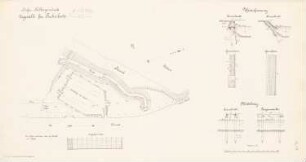 Hafen Kolbergermünde, Kolberg: Liegestelle für Fischerboote, Ufereinfassung: Lageplan 1:1000, Grundrisse, Schnitte 1:100