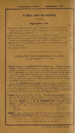 Table des matières. Septembre 1886.