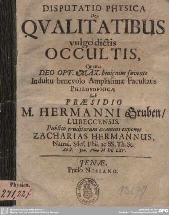 Disputatio Physica De Qualitatibus vulgo dictis Occultis