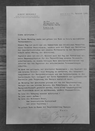 Industrie-Kraftwerk. Brief von Albert Bergholz, Leiter der Hauptverwaltung Energie in der Deutschen Wirtschaftskommission, vom 11. Oktober 1949, adressiert an die Belegschaft des Kraftwerkes Lauta, jedoch mit Anrede "Liebe Aktivisten!" : Lauta (Niederlausitz). Industrie-Kraftwerk. Brief von Albert Bergholz, Leiter der Hauptverwaltung Energie in der Deutschen Wirtschaftskommission, vom 11. Oktober 1949, adressiert an die Belegschaft des Kraftwerkes Lauta, jedoch mit Anrede "Liebe Aktivisten!"