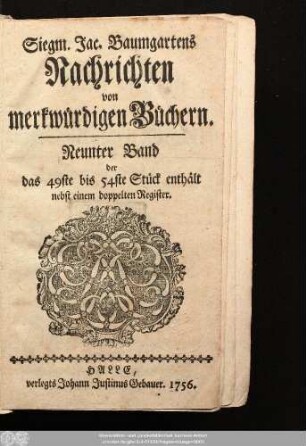 9.1756: Siegm. Jac. Baumgartens Nachrichten von merkwürdigen Büchern