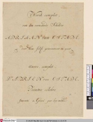 't Werck complet, van den vermaarde Schilder Adriaan van Ostade