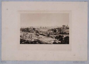 Ansicht von Dresden-Plauen mit dem Wasserschlösschen, der Hofmühle und der Kirche, im Hintergrund Dresden