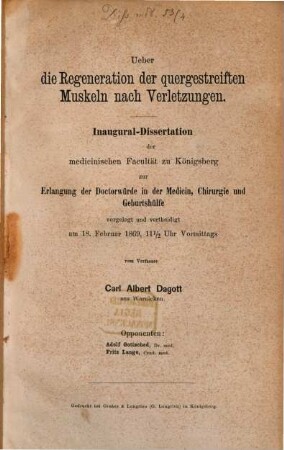 Ueber die Regeneration der quergestreiften Muskeln nach Verletzungen : Diss. inaug.