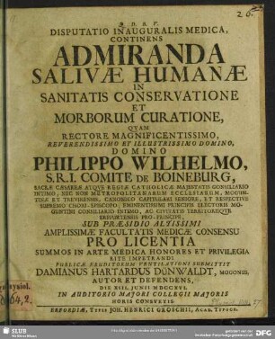 Disputatio Inauguralis Medica, Continens Admiranda Salivae Humanae In Sanitatis Conservatione Et Morborum Curatione