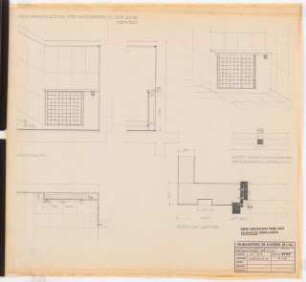 Reichsluftfahrtministerium, Berlin: Heizkörperverkleidung Q2-3R: Ansicht, Schnitt, Grundriss 1:20, Detail [1:1], perspektivische Ansicht