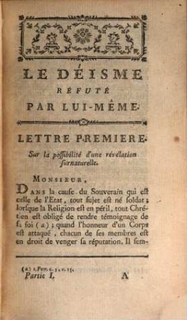 Le Déisme Réfuté Par Lui-Même : Ou Examen, en forme de Lettres, des principes d'incrédulité répandus dans les divers Ouvrages de M. Rousseau. 1