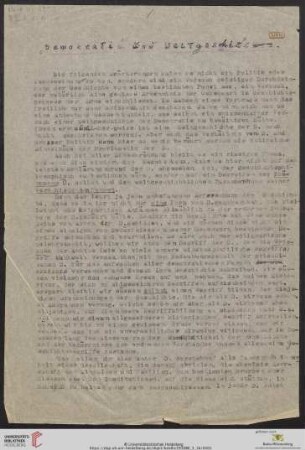Johannes Kühn, Demokratie und Weltgeschichte (Typoskript Durchschlag mit e. Korrekturen)