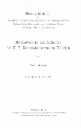 Mittelalterliche Handschriften des K. B. Nationalmuseums zu München