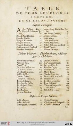 Table de tous les Eloges contenus en ce Second Volume