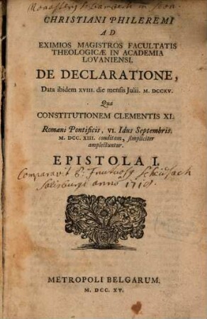 De Constitutione Clementis XI. ad doctores Facultatis Epistola