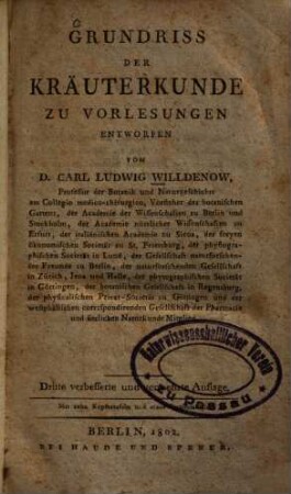 Grundriss der Kräuterkunde : zu Vorlesungen entworfen ; mit zehn Kupfertafeln und einer Farbentabelle