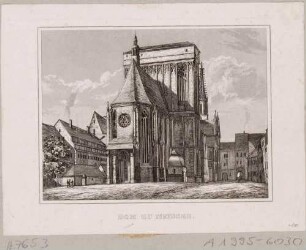 Der Dom in Meißen von Südwesten mit "Schafstall" als Turmabschluss, dahinter der "höckrige Turm", aus Schiffners Beschreibung von Sachsen um 1840