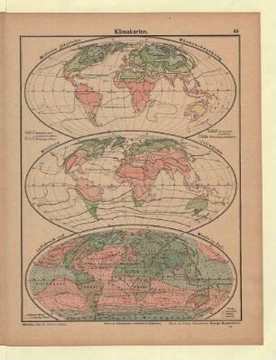Klimakarten (Mittlere jährliche Wärmeschwankung, Mittlere Juliwärme, Luftdruck und Winde im Juli)