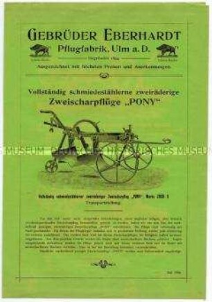 Vollständig schmiedestählerne zweiräderige Zweischarpflüge "Pony"