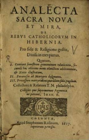 Analecta sacra ... de rebus Catholicorum in Hibernia