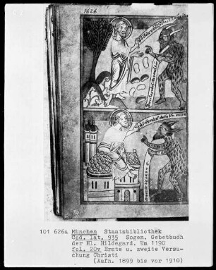 Sogenanntes Gebetbuch der heiligen Hildegard — Erste und zweite Versuchung Christi, Folio 20verso