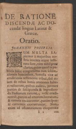 De Ratione Discendae Ac Docendae linguae Latinae & Graecae. Oratio. Johannis Posselii.