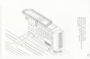 Wohn- und Geschäftshaus am Kaiserdamm, Berlin-Charlottenburg (Diplomarbeit bei Oswald Mathias Ungers): Isometrie von Nordwesten 1:200