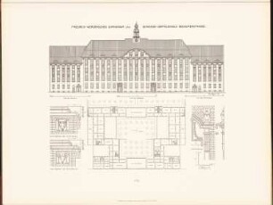 Friedrich-Werdersches Gymnasium und Gemeindedoppelschule in der Bochumer Straße, Berlin: Grundriss, Ansicht, Details (aus: Neubauten der Stadt Berlin, Bd. IX,