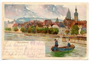 Obere Neckarstraße mit Neckarfront und Badeanstalt Georg Linsenmeyer, im Vordergrund ein Kahn mit zwei Männern (Zeichnung)
