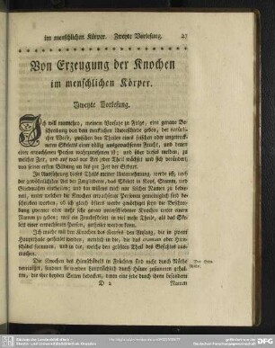 Von Erzeugung der Knochen im menschlichen Körper. Zweyte Vorlesung