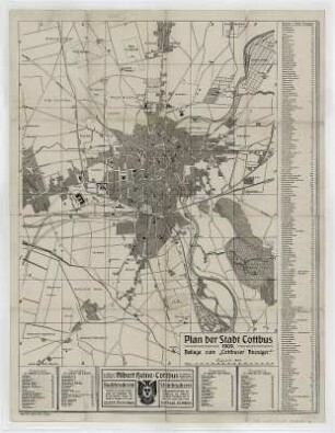 Stadtplan von Cottbus, 1:12 500, 1909 : Plan der Stadt Cottbus : Beilage zum "Cottbuser Anzeiger". - 1:12 500. - Cottbus : Heine , 1909. - 1 Kt. ; 37 x 49 cm