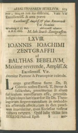 LXVIII. Ioannis Ioachimi Zentgraffii ad Balthas. Bebelium