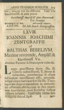 LXVIII. Ioannis Ioachimi Zentgraffii ad Balthas. Bebelium