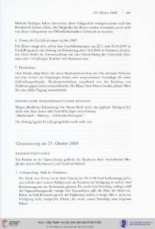 Gesamtsitzung am 25. Oktober 2008