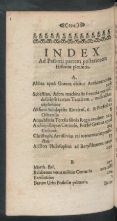 Index Ad Pastorii partem posteriorem Historiae plenioris