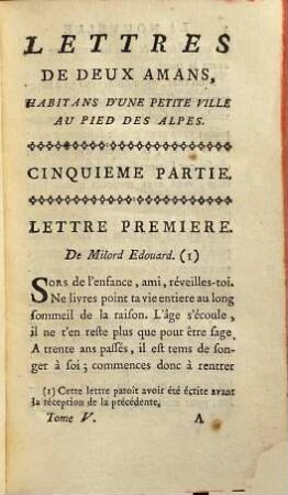 Lettres De Deux Amans, Habitans d'une petite Ville au pied des Alpes, Cinquieme Partie
