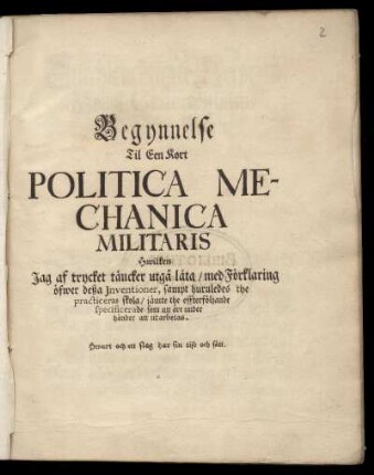 Begynnelse Til Een Kort Politica Mechanica Militaris