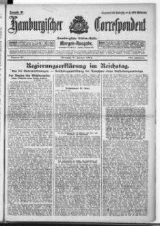 Hamburgischer Correspondent und Hamburgische Börsen-Halle : ältestes Hamburger Handels- u. Börsenbl. ; bedeutendste u. größte Schiffahrts-Zeitung Deutschlands, Morgenausgabe