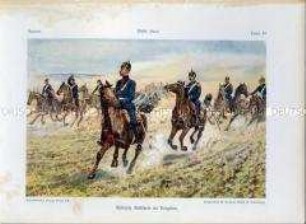 Uniformdarstellung, Gemeine, Offizier und Trompeter der Reitenden Artillerie, Preußen, 1910/1912. Tafel 40 aus: Knötel: Preußen, Unser Heer.