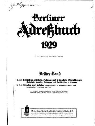Berliner Adreßbuch 1929 Dritter Band