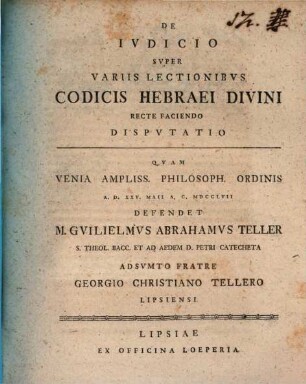 De iudicio super variis lectionibus Codicis Hebraei divini recte faciendo : disputatio