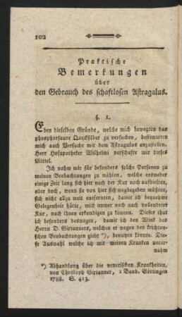 Praktische Bemerkungen über den Gebrauch des schaftlosen Astragalus.