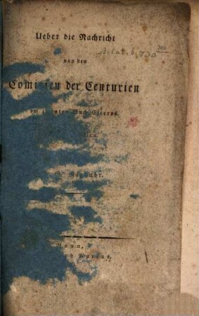 Ueber die Nachricht von den Comitien der Centurien im zweiten Buch Ciceros de re publica
