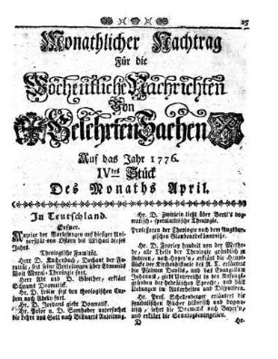 Monathlicher Nachtrag [...] Auf das Jahr 1776. IVtes Stück Des Monaths April