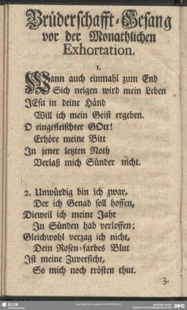 Brüderschafft-Gesang vor der Monathlichen Exhoration
